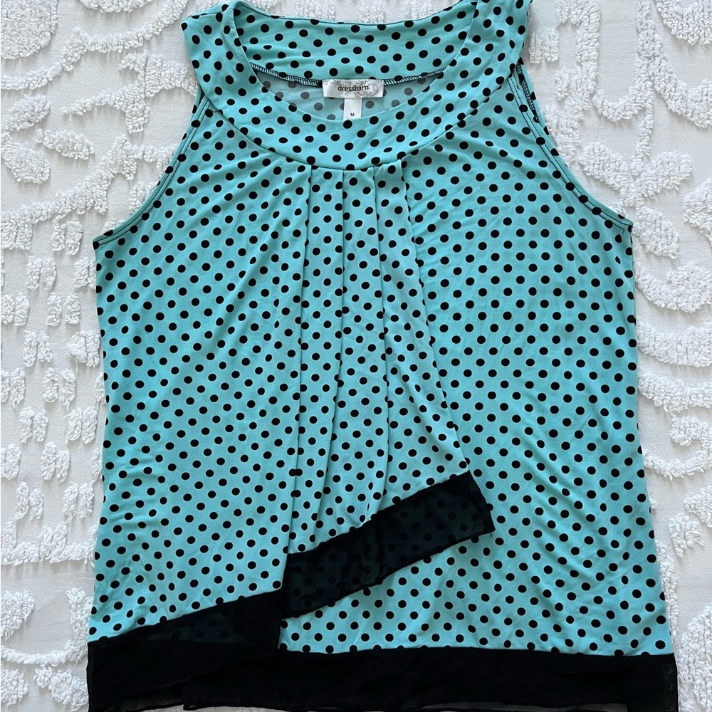 Dressy, light blue and black polka dot tank top. Dress Barn, Size medium